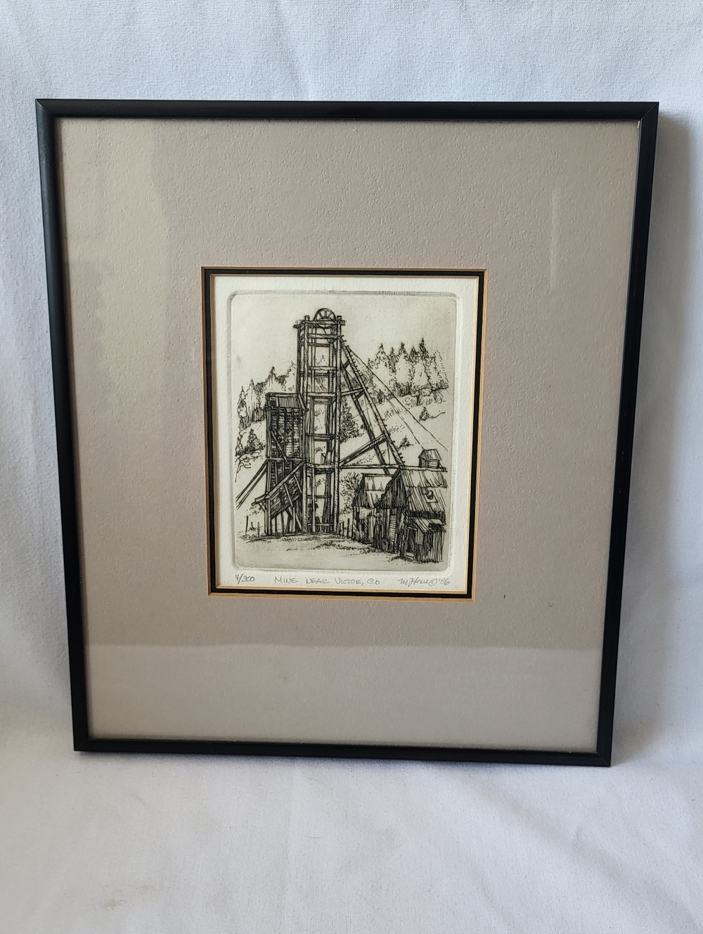 Framed Industrial Mine Sketch Wall Art - Black Frame, Cream Mat
